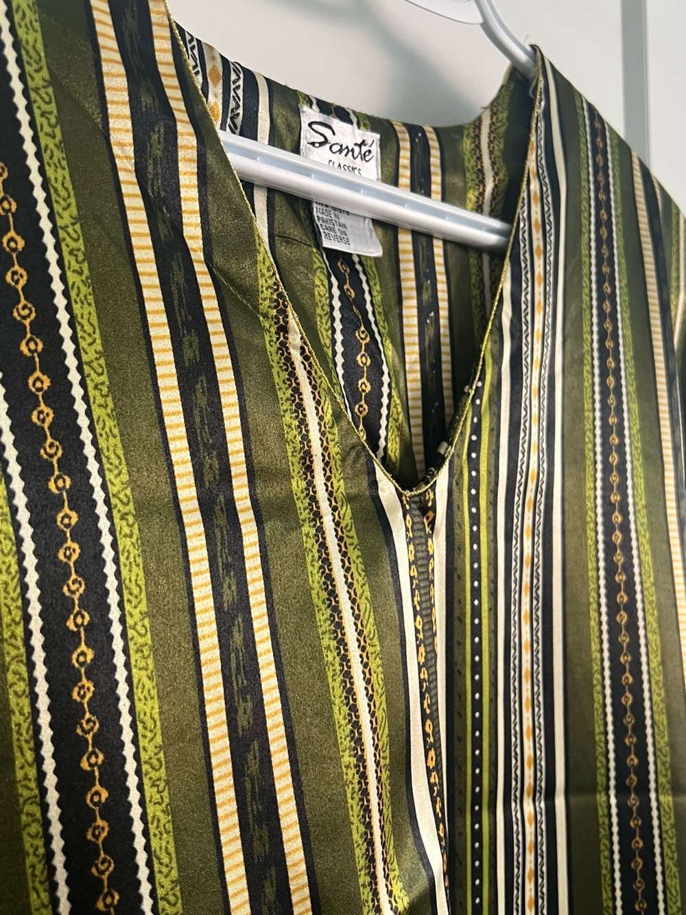 Vintage Sante Classics Olive Green Striped Maxi Dress with V-Neck